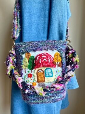 Handmade Crocheted Woodland House Crossbody Bag with 3D house
